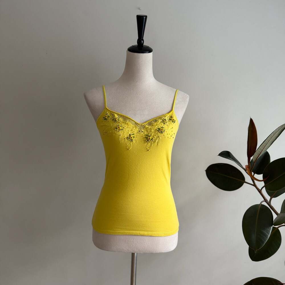 EXPRESS Pima Cotton Yellow Beaded Lace Trim Camisole Tank Top Small